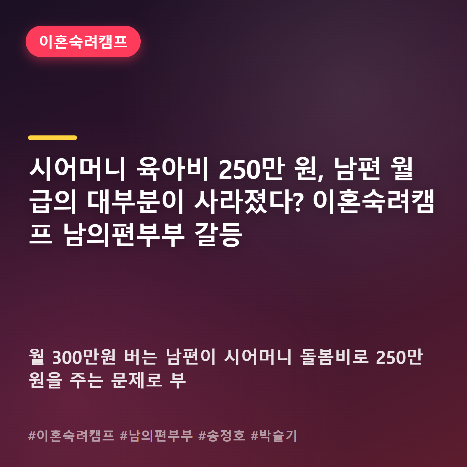 월급 300만 원 중 250만 원이 시어머니께, 이혼숙려캠프 부부의 돈 갈등